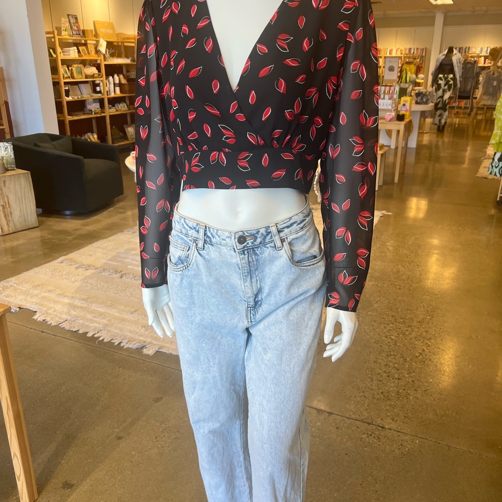 Express Black Top with Red Leaf Design